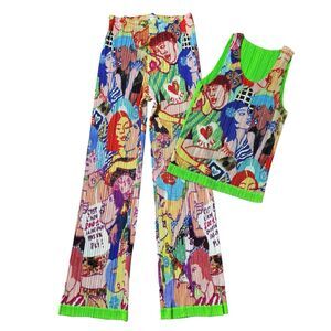 ISSEY MIYAKE Pleats Please Tank Top Pants Bottom Set Graphic Lamia Ziade Green